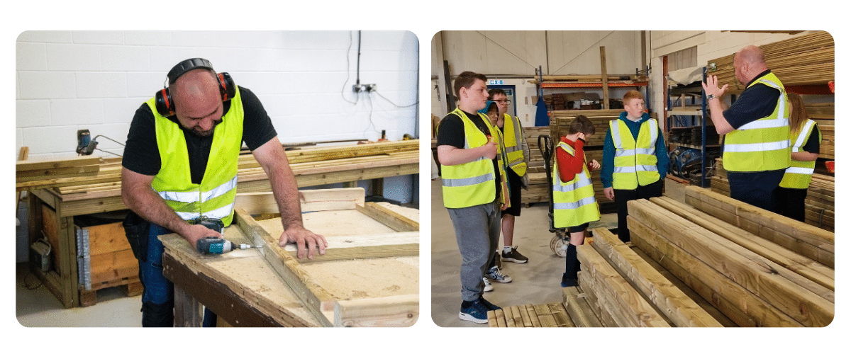 Photo of bald man drilling wood in a factory / Photo of children in high-vis vests touring the timber section of a factory