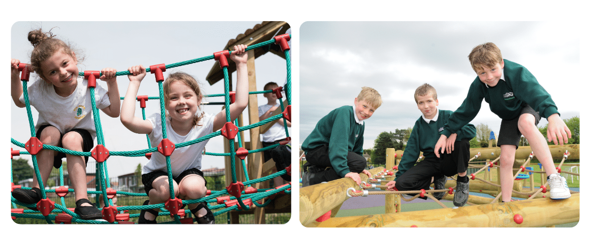 Two photos - one features two girls in white top pe kits smiling as they peer through playground equipment ropes, the other photo is of three bouys in green top school uniforms balancing on a jungle climber as they pose for a phot