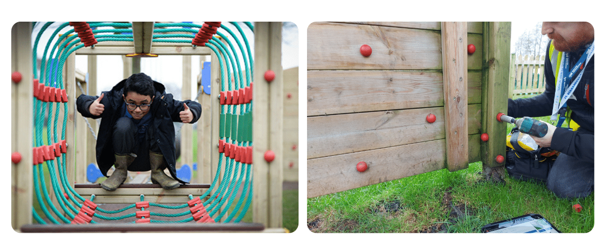 Photo of child giving a thumbs up while crouched in a net climbing tunnel / Photo of a bearded man drilling safety caps on a piece of timber play equipment