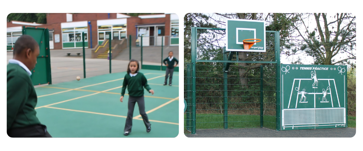 Photo of children playing sports on a MUGA / Photo of metal goal post structure
