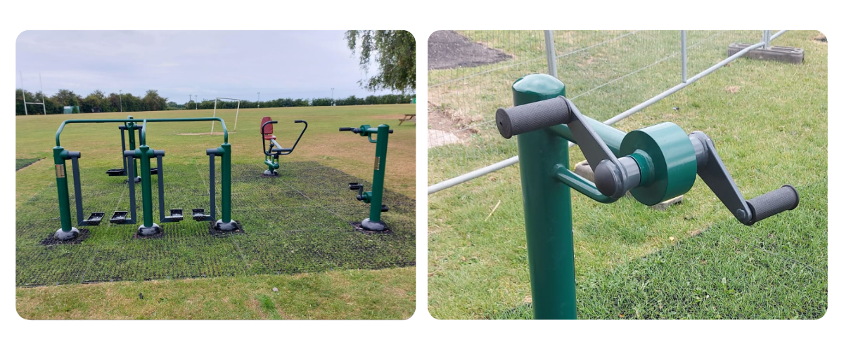 Photos of metal gym equipment on grass