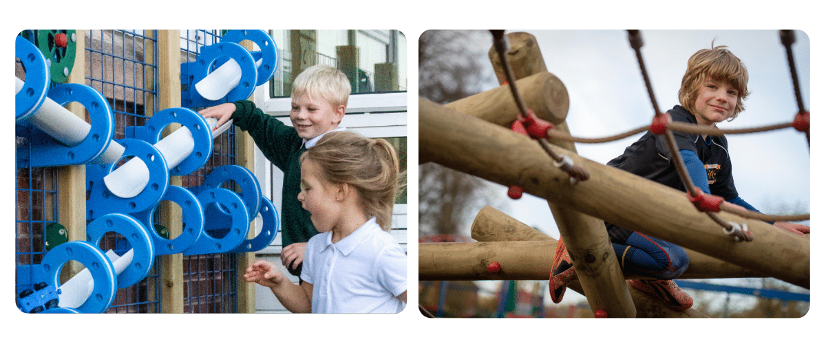 Photo of girl and boy in school uniforms playing with blue plastic wall mounted outdoor waterplay equipment / Photo of a smug boy peering down at the camera from up high on a jungle climber