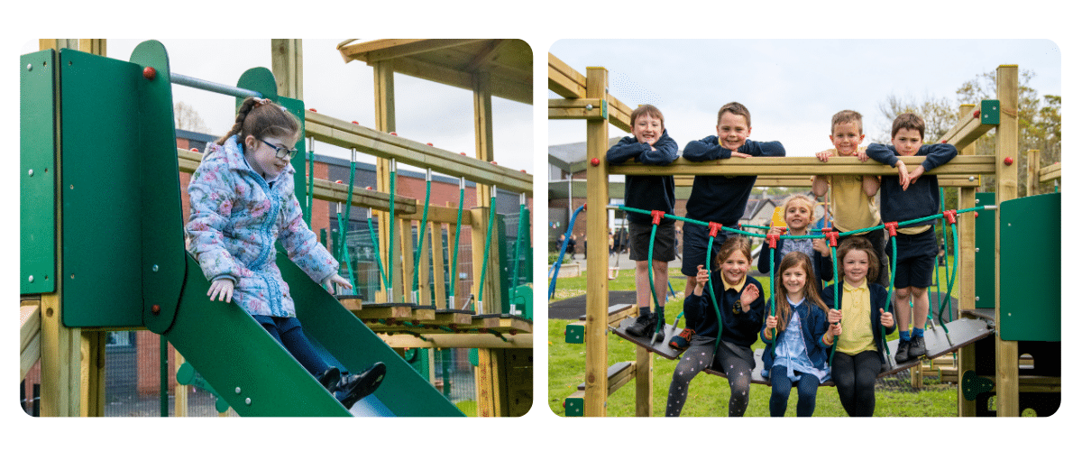 Photo of a girl in a coat flying down a green slide / Photo of boys and girls in school uniforms posing for the camera atop a clatterbridge
