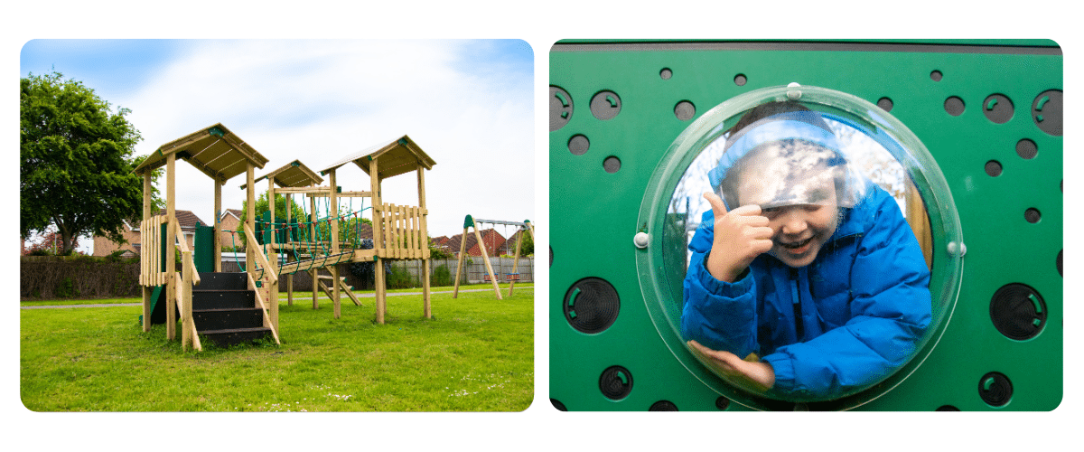 Photo of three tower play system on grass / Photo of small boy giving a thumbs up through a transparent plastic bubble window