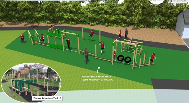 Adventure Trim Trail Playground Equipment and Wetpour Safety Surfacing (1) Playground 3D Design Visual