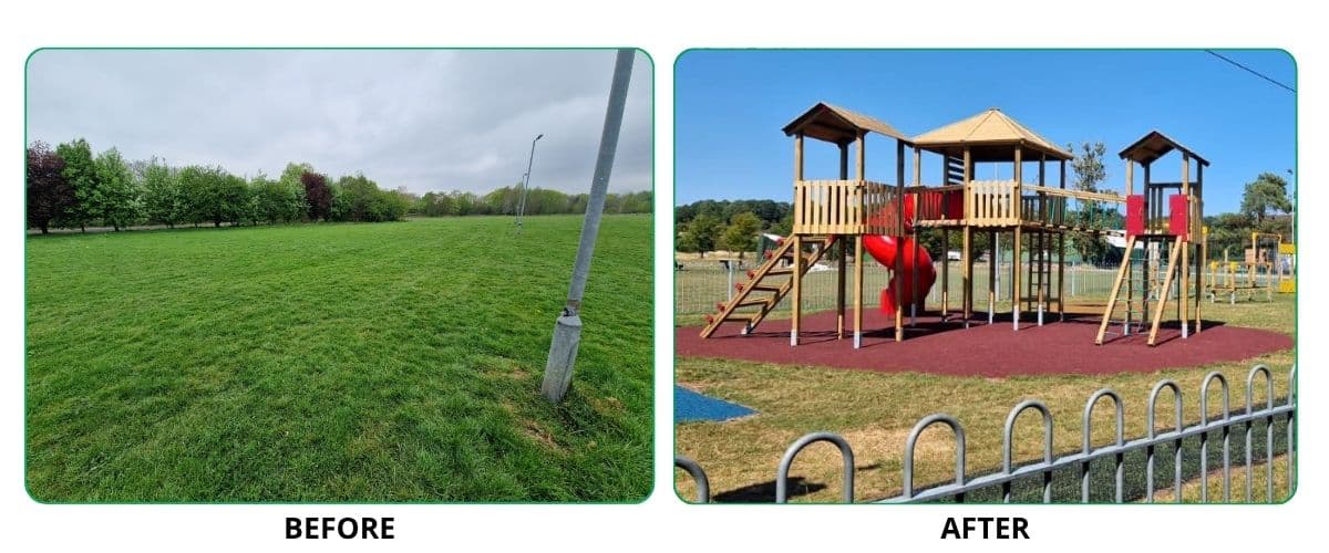 Horspath Parish Council Before And After Shots Of Horsepath Parish Playground, Featuring A Red Tower System After And A Field Of Grass Before