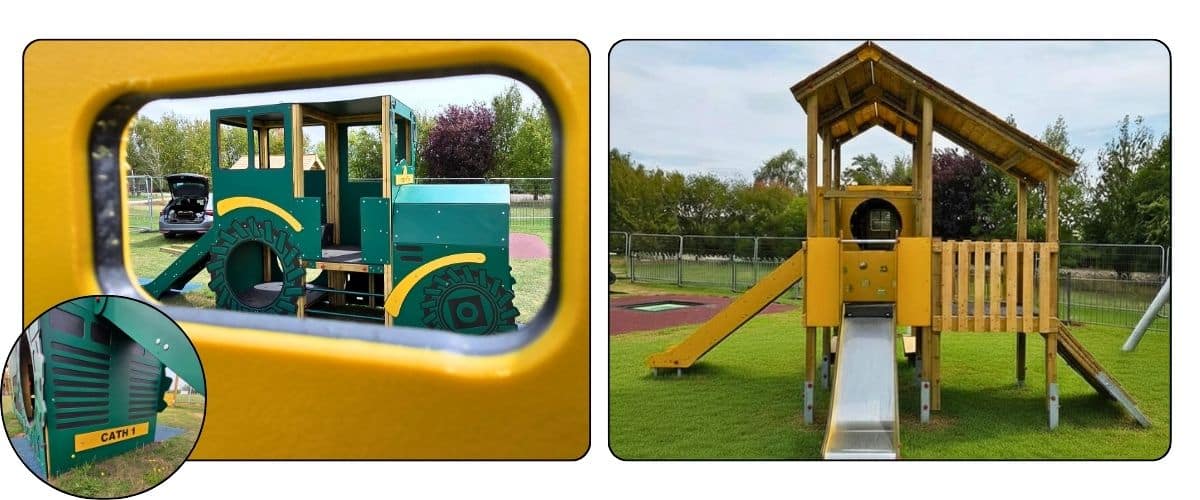 Horspath Parish Council Two Images, One Of A Green Play Tractor As Viewed From A Yellow Framed Window, The Other Of A Yellow Playtower With A Large Roof
