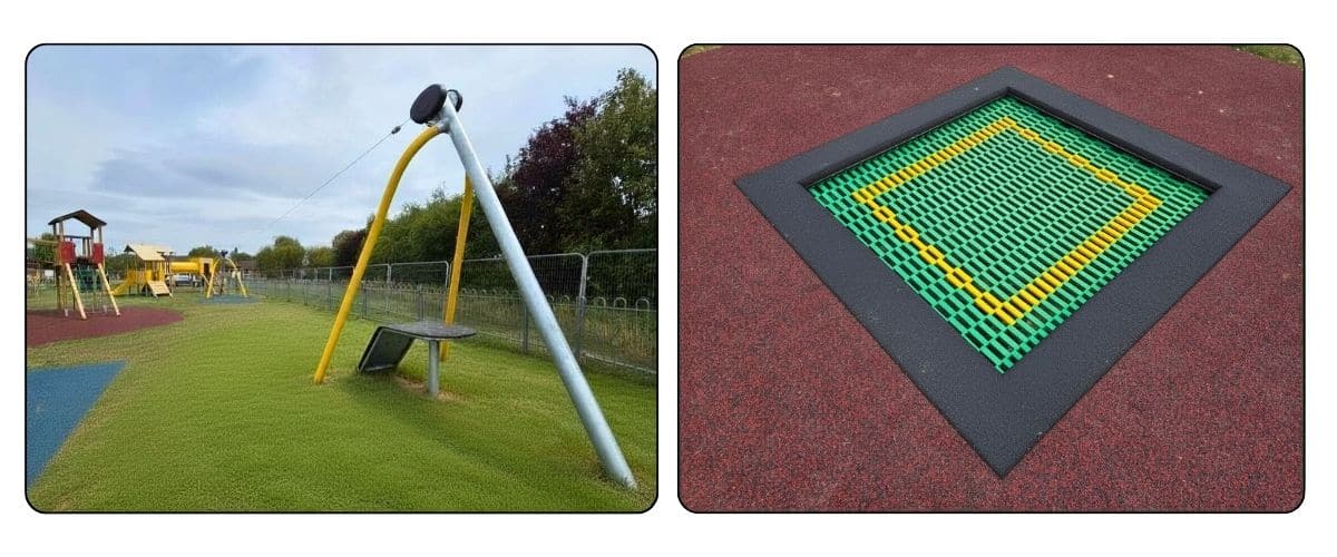Horspath Parish Council Two Images, One Of A Metal Zipwire And The Other Of An In-Ground Trampoline, Both At A Playground