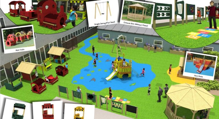 Pictured is a drone shot of Moor House School and College with a OCTAVIA (4M WITHOUT FLOOR), PLANTER 3M X 0.50M, MINI TRAIN (RED PLASTIC), TIMBER PLAYHOUSE – CONSTRUCTION SITE,