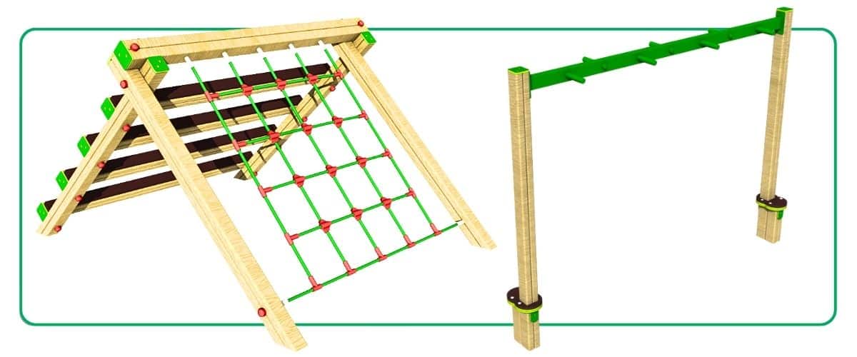 Design renders of a-frame net climber and overhead traverse