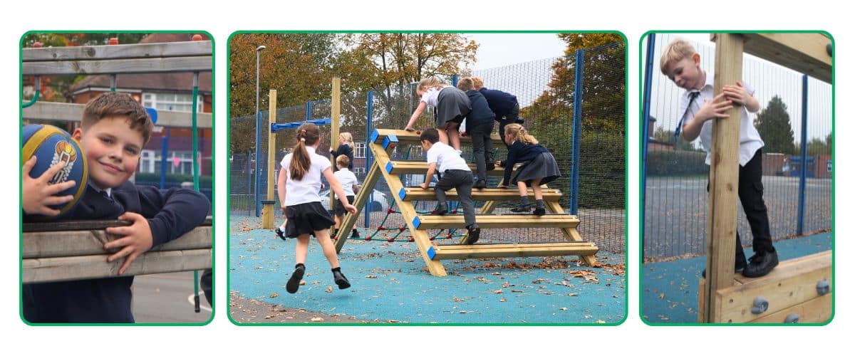 Collage of three images at Middleton, Manchester: Climbing frame plus two close ups of boys on play equipment