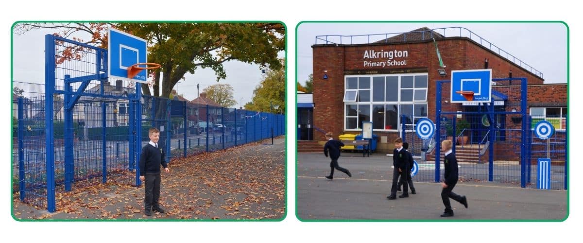 Two images of children in school uniform playing sport games in front of blue metal mesh goal ends, a school sign stating the area as Alkrington Primary School