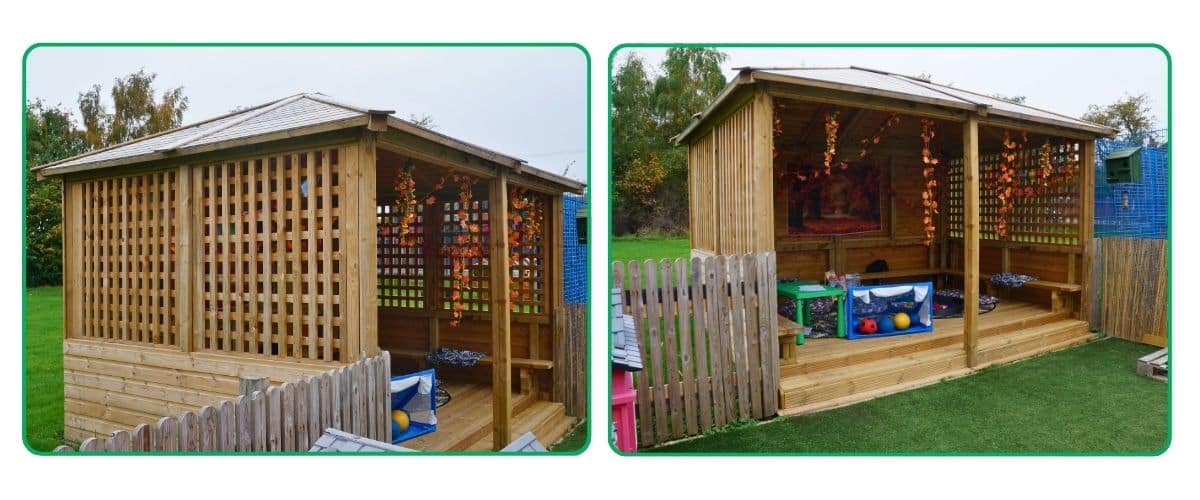 Two images of a shelter in Manchester that has been installed in a way to conserve playground space