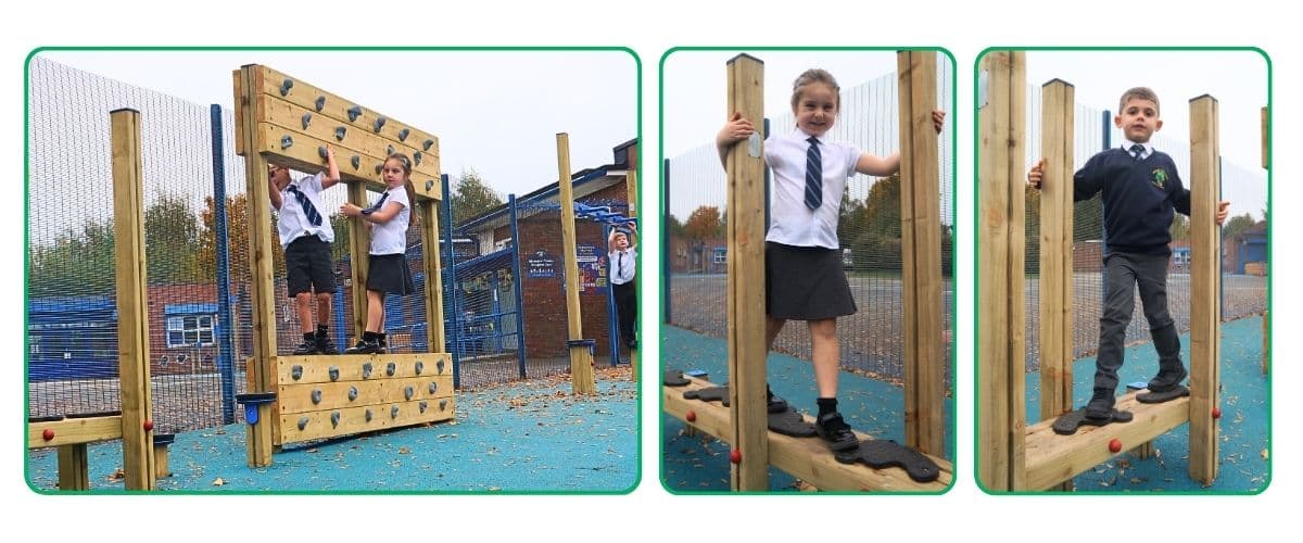 Three images of children playing on a Traverse Wall and Weaving Beam at Alkrington primary school, Middleton, Manchester