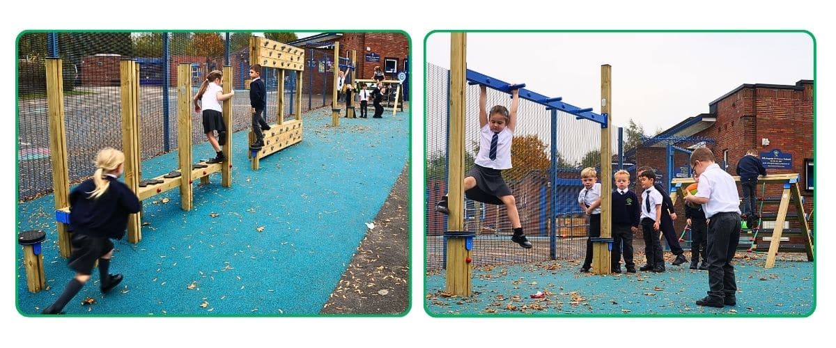 Two images of children playing on a timber trim trail sitting on blue wetpour