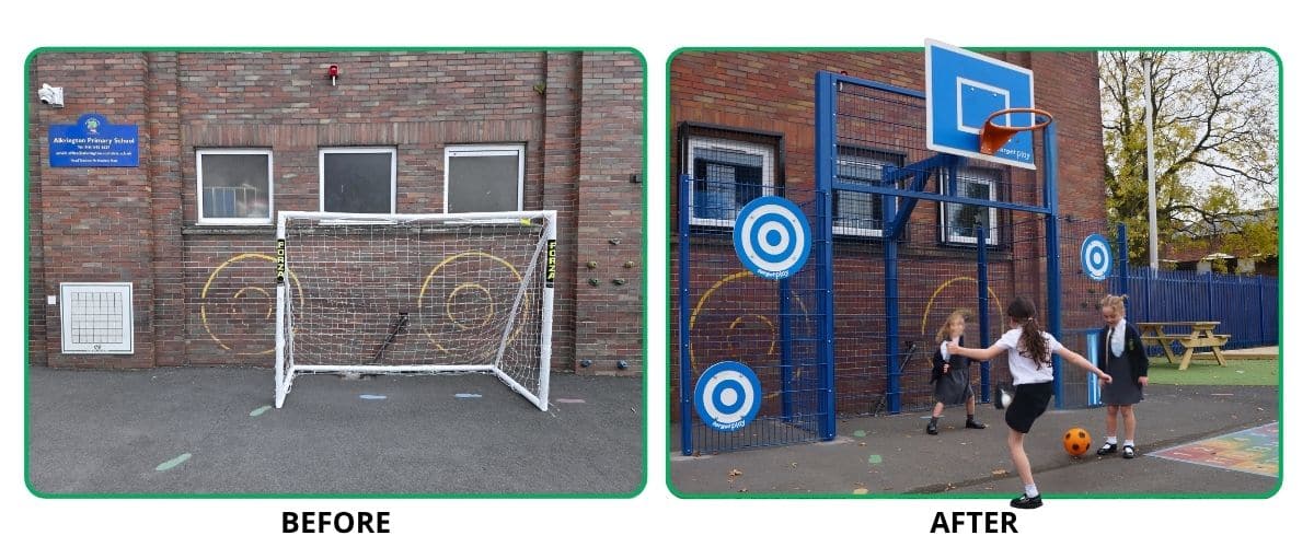 Before and after images of a games area at Alkrington Primary School, Middleton, Manchester