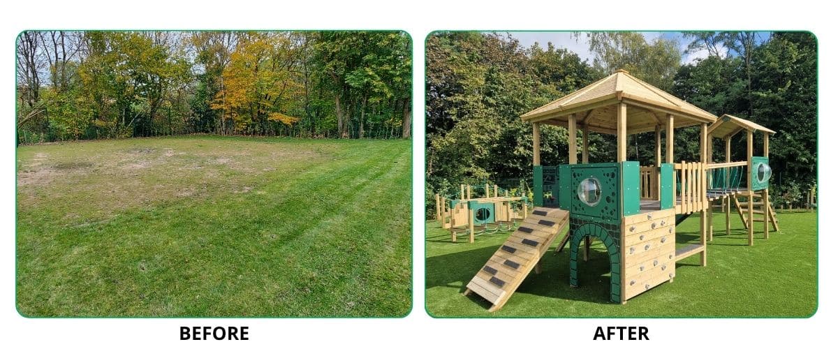 Two images depicting a school playground installation before and after