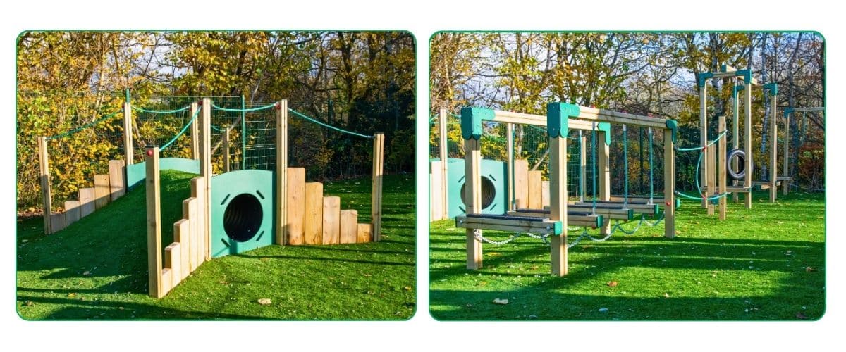 Two images, one of a mound tunnel and another of an adventure trail, both are on artificial grass