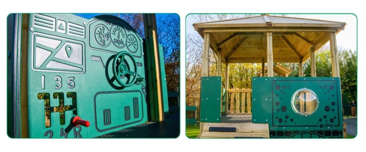 Two images, one of a motor play panel and the other of a bubble window in a play tower