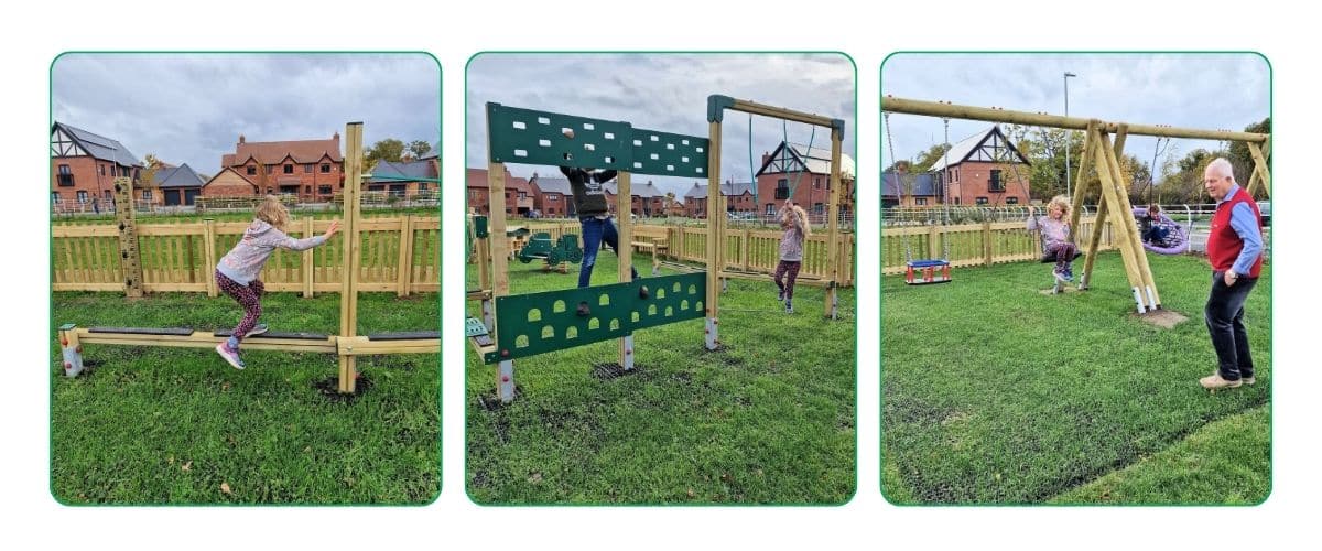 Three images of children playing on timber outdoor play equipment on grass