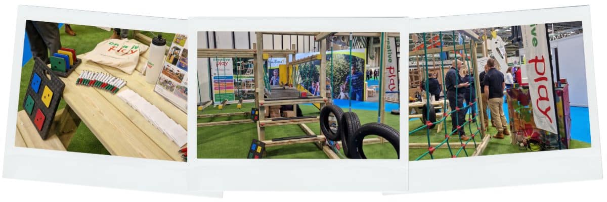 Collage of 3 images from a trade show depicting outdoor play equipment