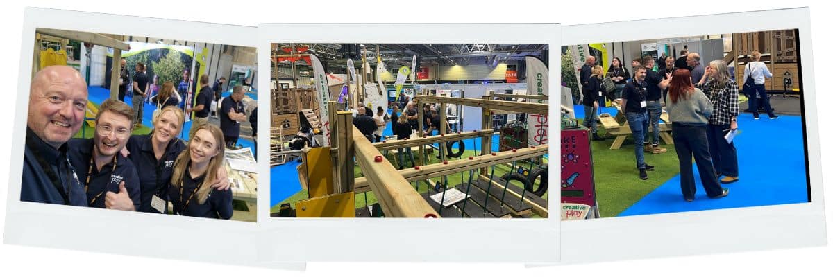 Collage of 3 pics featuring people posing at a trade event