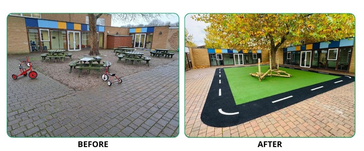 In this image it showcases the before and after of the playground transformation at Paston Ridings Primary School in Peterborough