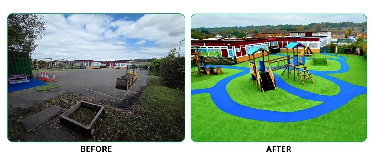 This image shows the before and after of the instillation by Creative Play of the brand new playground at St. Peters Catholic Primary.