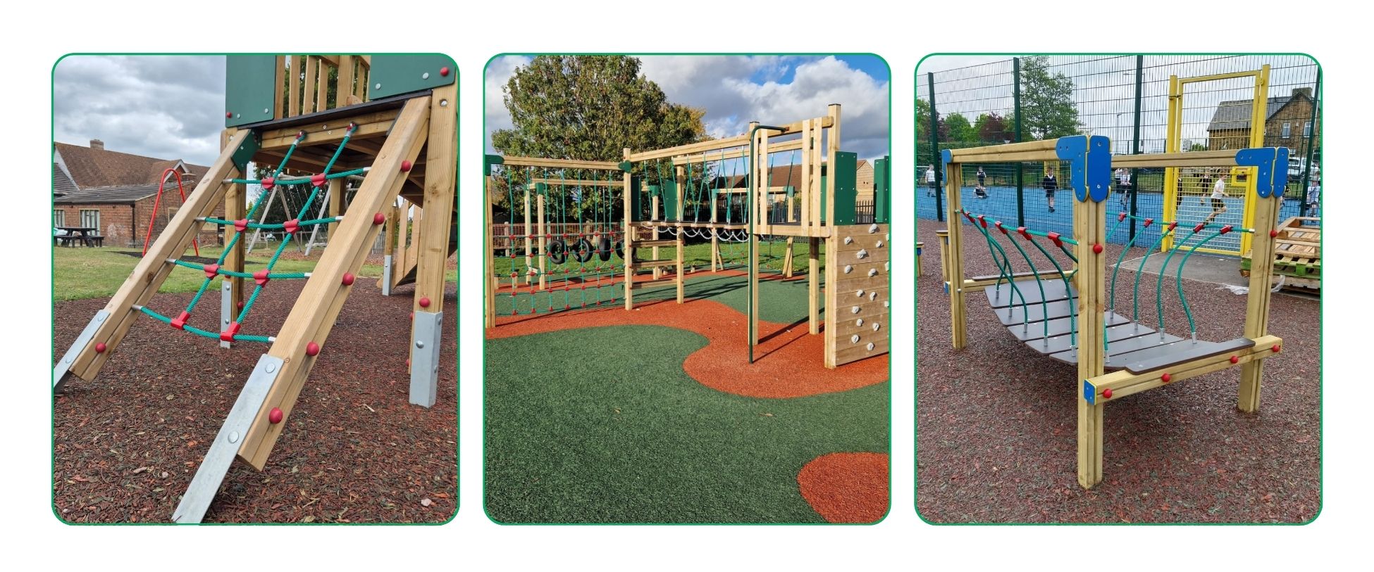 This image depicts different projects Creative Play have designed and installed that use Rubber Mulch safety surfacing.