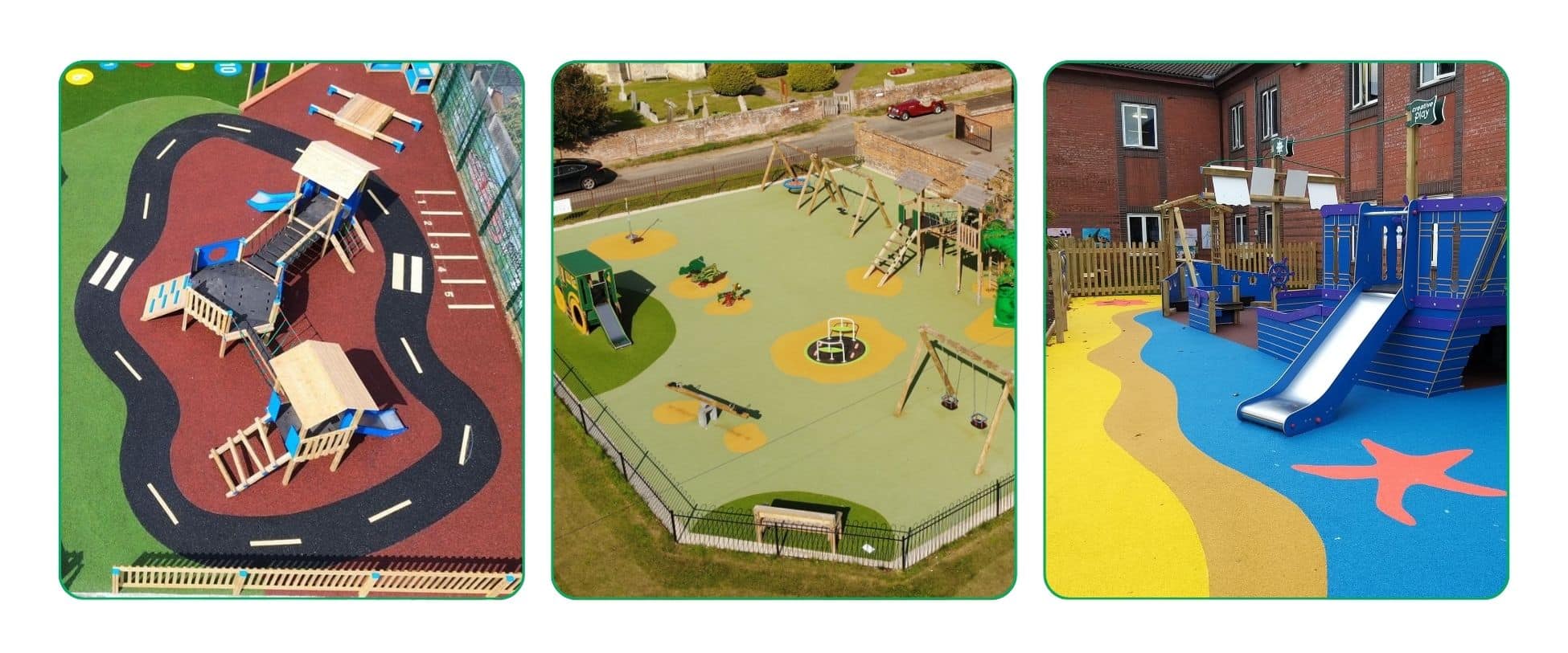 This image depicts different projects Creative Play have designed and installed that use Wet Pour safety surfacing.