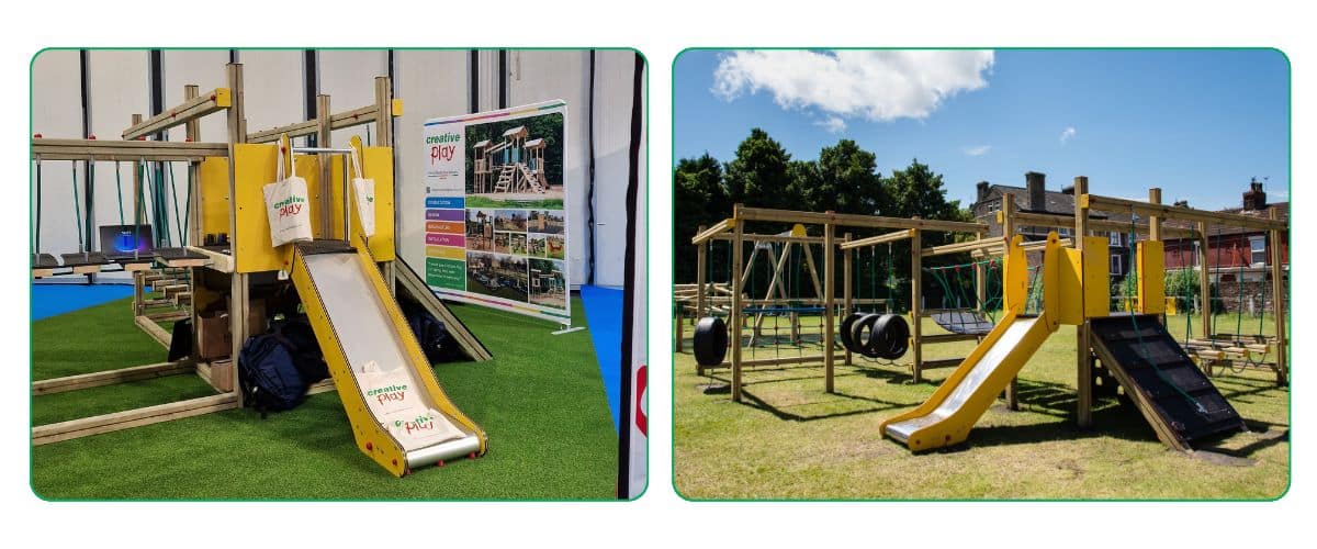 Two pics of a Dart activity play centre, one indoors at a trade show and the other installed at a playground, both are timber with yellow panelling
