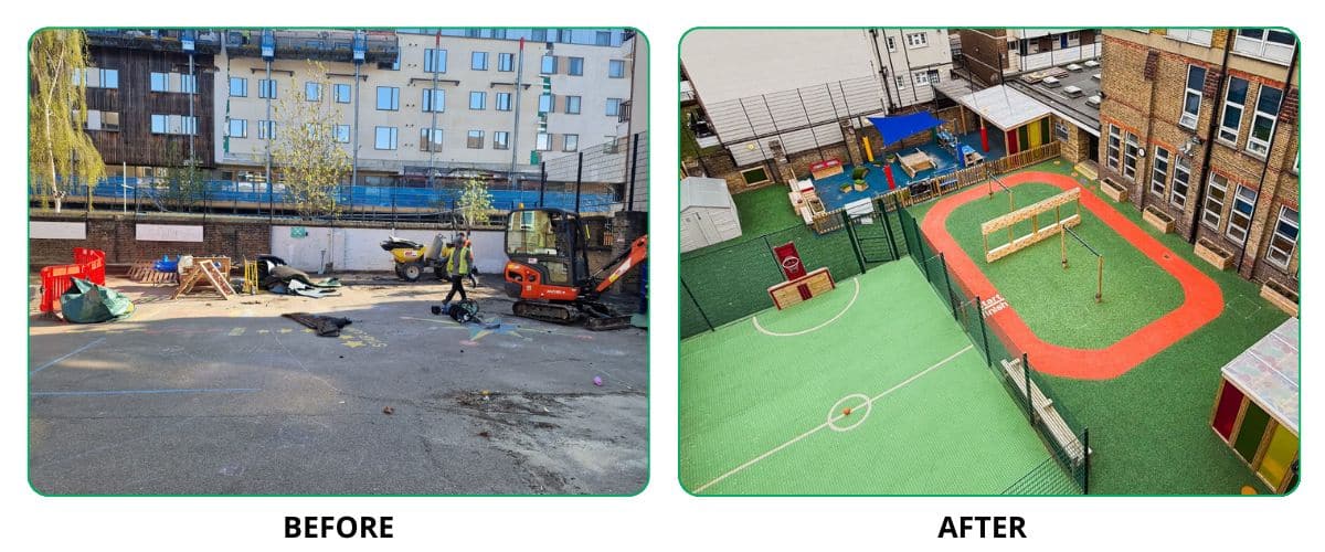 An image on the left depicting a grey building site and a photo on the right showing the colourful results of a playground installation