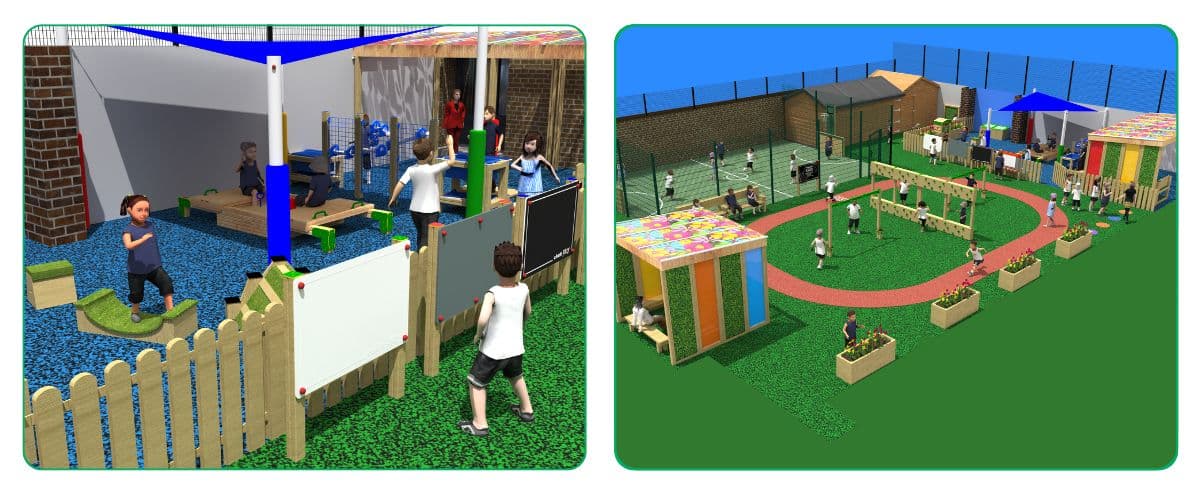Two images depicting design renders of a school playground
