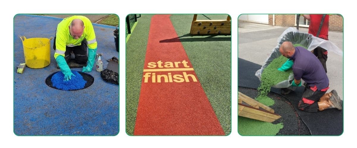 Three images showing the wet pour surfacing process