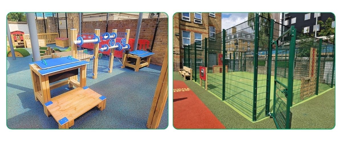 Two images, one of a Baltic waterplay area and the other of a MUGA at a school