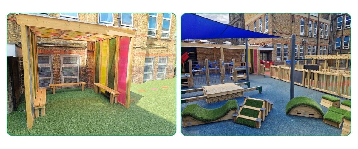 Two photos, one of a multi-coloured shelet and the other of an assortment of play items at a school playground