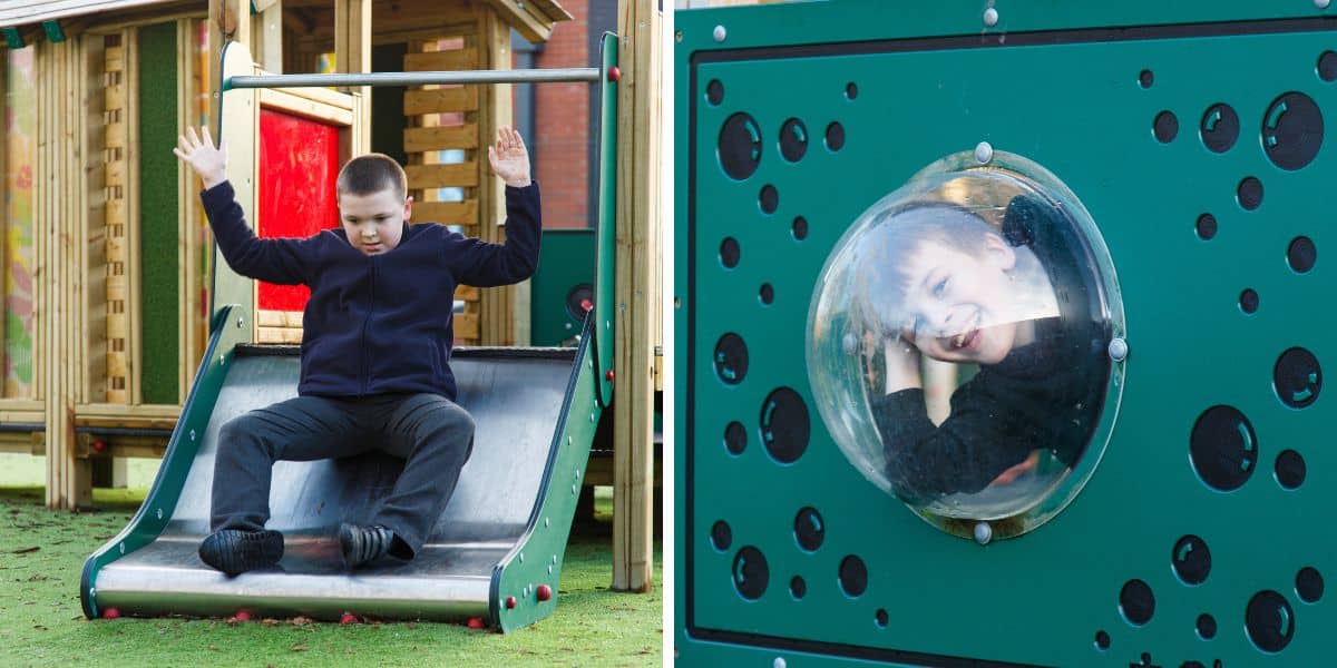 This image depicts two male pupil having fun on their brand new playground equipment