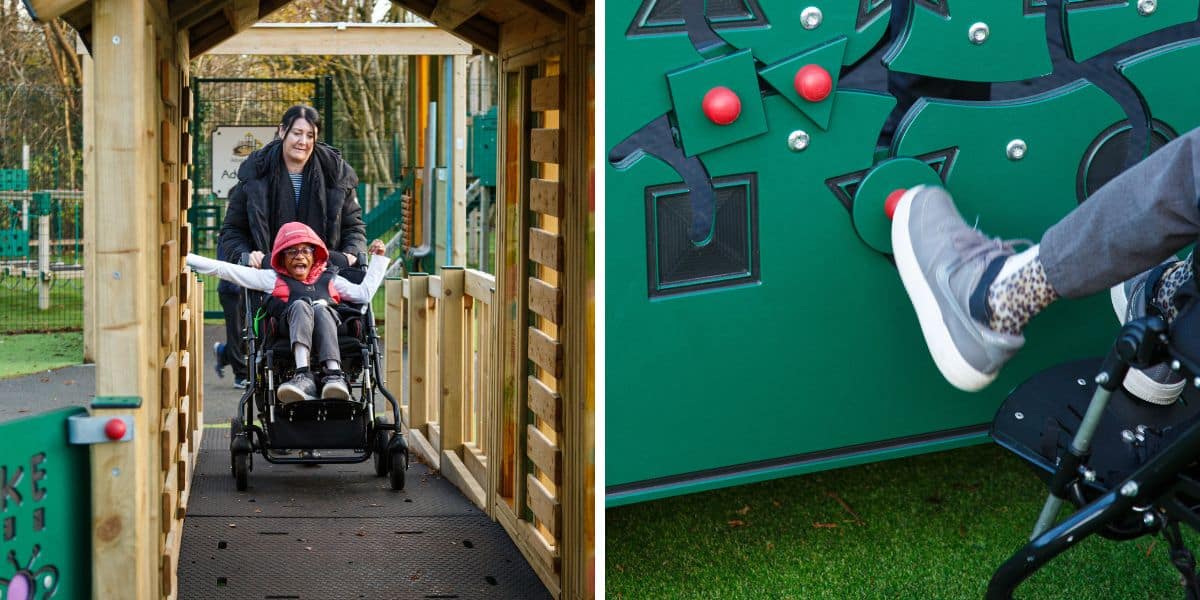 These images depict a female pupil in a wheelchair being pushed up the grasshopper play tower by her teacher. As well as her using her foot to push items around the busy board.