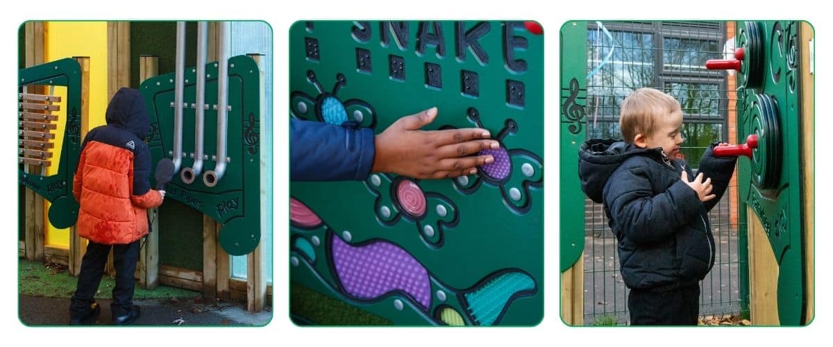 This collection of images shows pupils at Prospect House using a variety of sensory and musical playground equipment