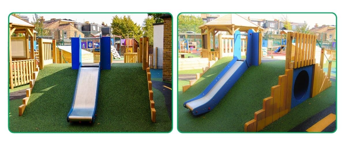 Two images depicting a mound tunnel with slide - covered in artificial grass but with blue panelling and a timber structure, situated at a school playground