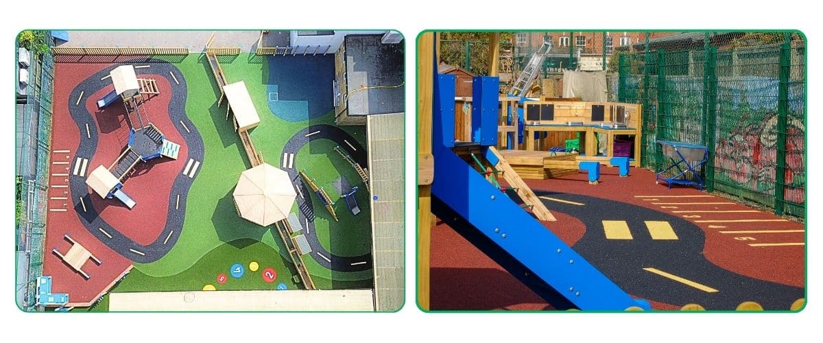 Aerial image showing the entire layout of St Mary's catholic primary school with red, green, blue, and black wetpour surfacing and another image which is a close up of one section