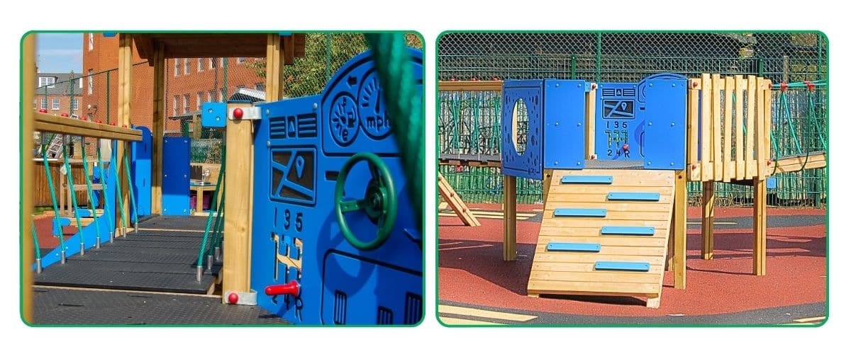 Close up images of a timber play tower system in a school playground, one of the blue play panels inside and the other of the hexagonal platform 