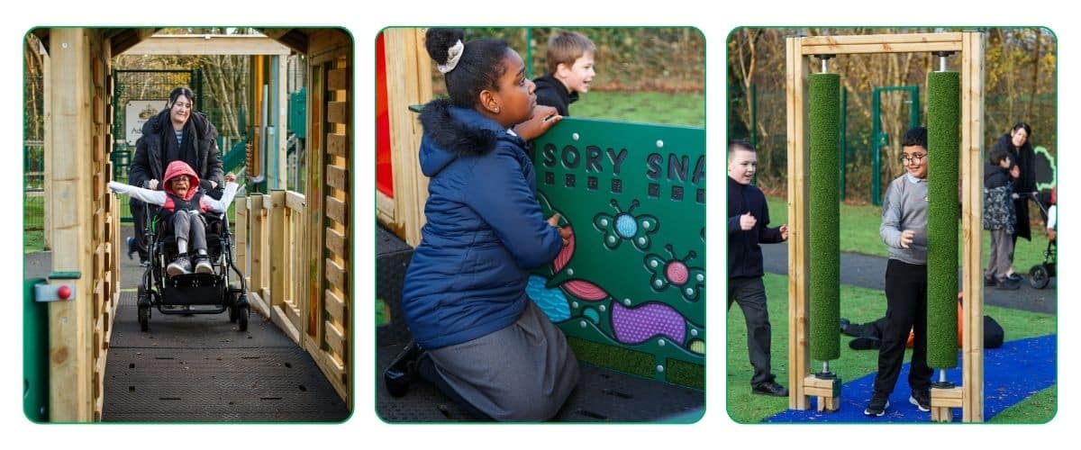 This image shows pupils using a inclusive playground equipment