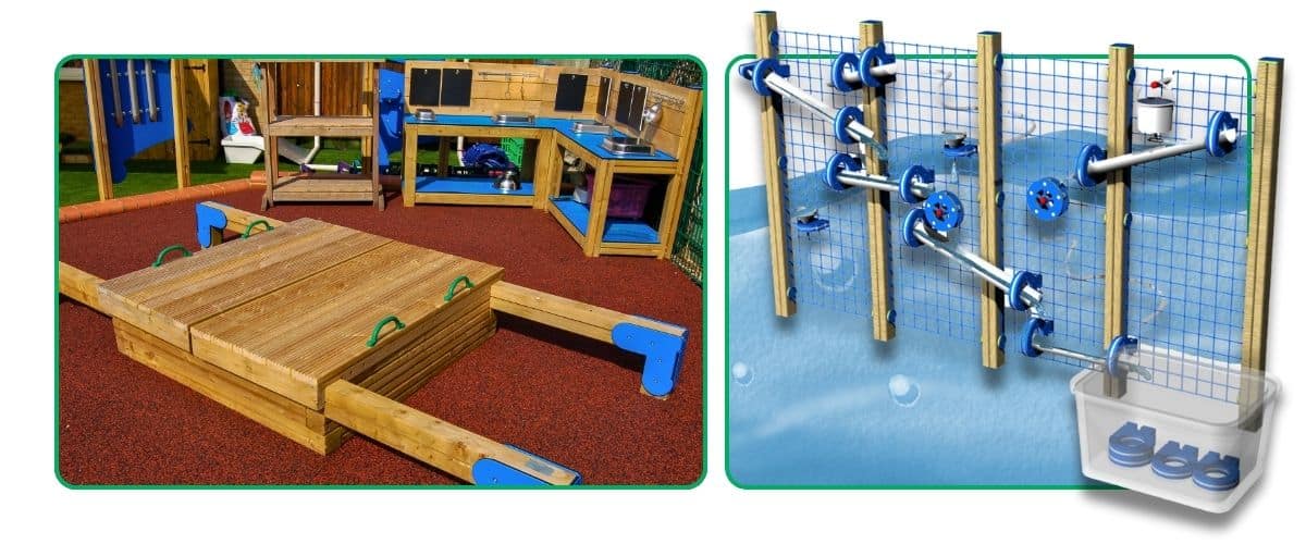 Image of children's corner mud kitchen behind a closed sandbox on red wet pour at a school playground next to an image of a 'water wall' play item with a graphic design of water behind it