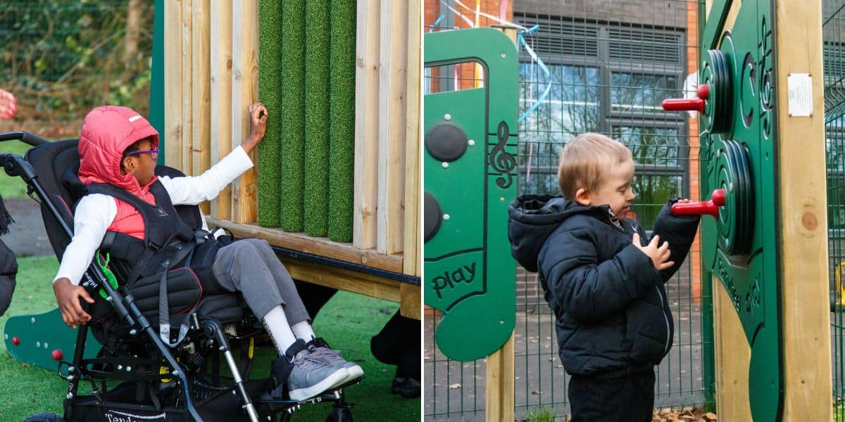 Pictured are two pupils playing with sensory outdoor playground equipment