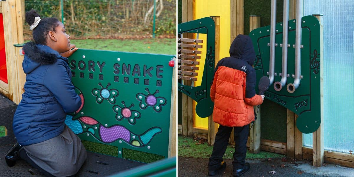Pictured are two pupils playing with sensory outdoor playground equipment