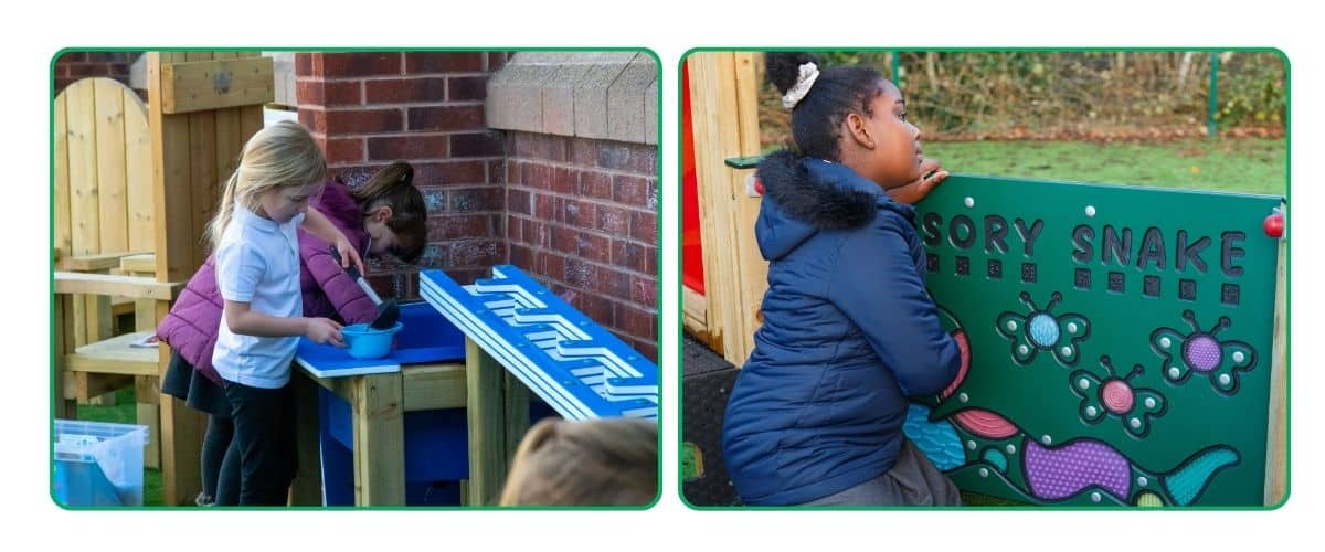 These images show children playing with sensory playground equipment from water play to Creative Play's Sensory Snake board.