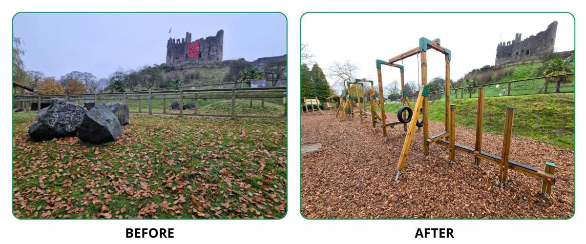 Before and after images of an area at Dudley Zoo featuring the castle in the background. Before is a field with rocks, after is bark chippings and a timber adventure trail play area