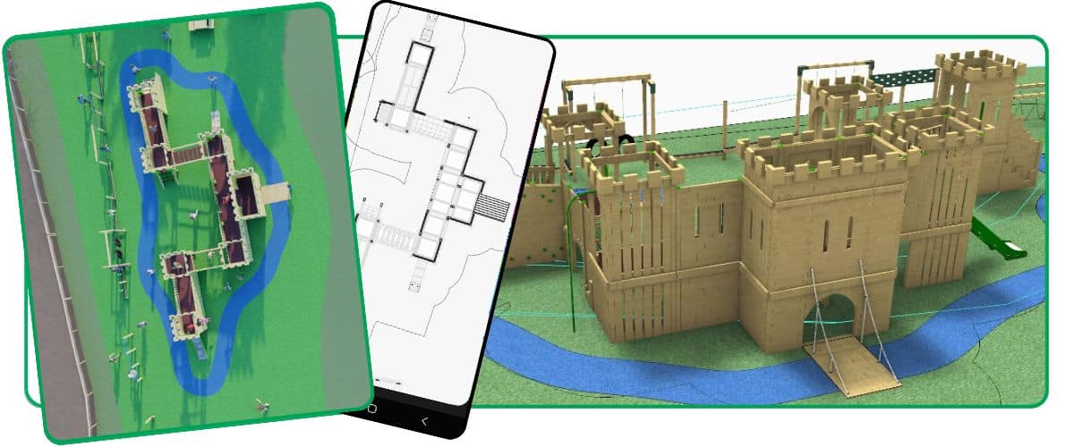 Collage of design render of playground, a technical sketch of it on a mobile phone, and an overhead view of the completed project