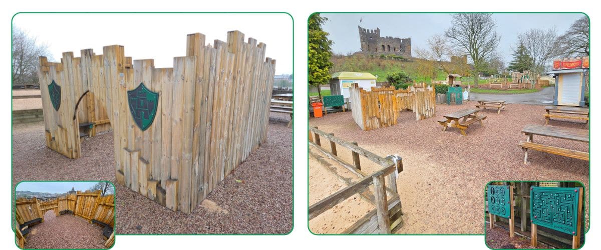 Two images of Dudley zoo and castle play beach play area which features a timber mini castle, picnic tables and playboards, which feature in an inset picture